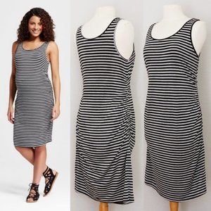 Liz Lange Maternity Gray Black Striped Ruched Gathered Sleeveless Midi Dress S